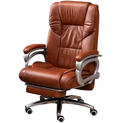 Genuine Leather Office Chair, Comfort Executive Computer Chair Ergonomic Swivel Task Chair with Adjustable Back and Footrest for Heavy People,Amber-One Size