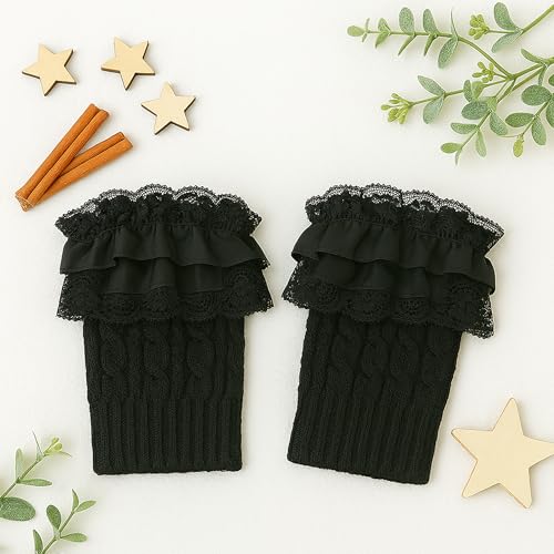 Image of BuleVina 1 Pair of Womens Knit Boot Cuff Socks - Crochet Lace Trim Leg Warmers Toppers, Short Stretch Knitted Cuffs for Women, Solid Color Winter Warm Cuff Topper Gift (Black) - Hand Wash Only