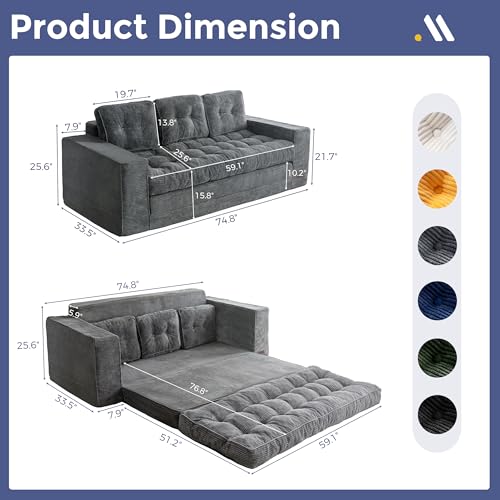 Image of MAXYOYO Convertible Sofa Bed, Pull Out Oversized Loveseat Sofa Couch, 2 in 1 Folding Couch Bed, Fold Out Floor Couch with Pillows for Living Room Lounge, Dark Grey