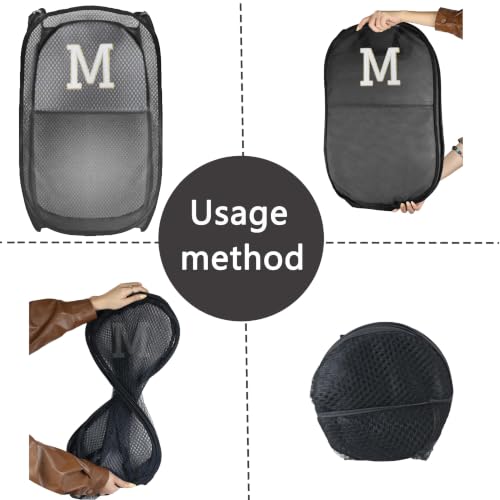 Image of Collapsible Pop Up Laundry Hamper, Extra Large with Removable Initial Letter M, Mesh Foldable Laundry Basket, 28 inch x 16 inch x 16 inch (Black)