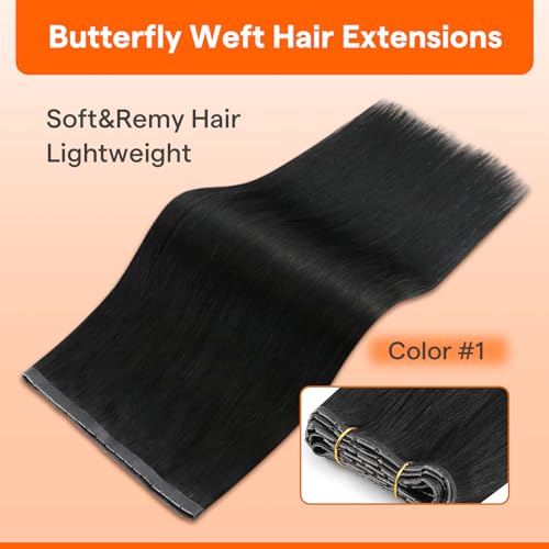Image of Full Shine 26 Inch Butterfly Weft Hair Extensions Human Hair Jet Black 100G | Added Length Volume, Invisible Double Side PU Holes, Long Straight Wear, Everyday Style for Women, Seamless Blend Solution