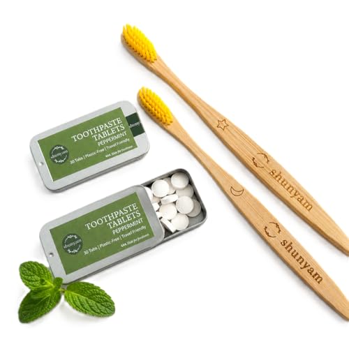Image of Shunyam Dental Kit with 2 Bamboo Toothbrush & 2 Peppermint Toothpaste Tablets (30 Each) | Travel Pack | Teeth Whitening | Fluoride, SLS & Paraben Free | Plastic-Free, Zero Waste