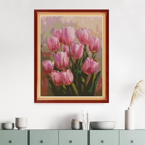 Image of MYBISYMQQ Pink Tulips Cross Stitch Kits for Adults Beginners - 11CT Stamped Vintage Floral Embroidery Kit, DIY Pre-Printed Needlepoint Patterns for Home Wall Art Decor, 15.7x11.8 Inches