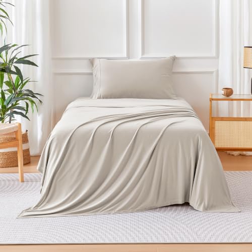 Image of Amazon Basics Jersey Knit 3-Piece Sheet Set, Wrinkle Resistant and Easy Fit, Includes 16 inch Deep Pocket Fitted Sheet, 1 Flat Sheet and 1 Pillowcase, Twin, Beige