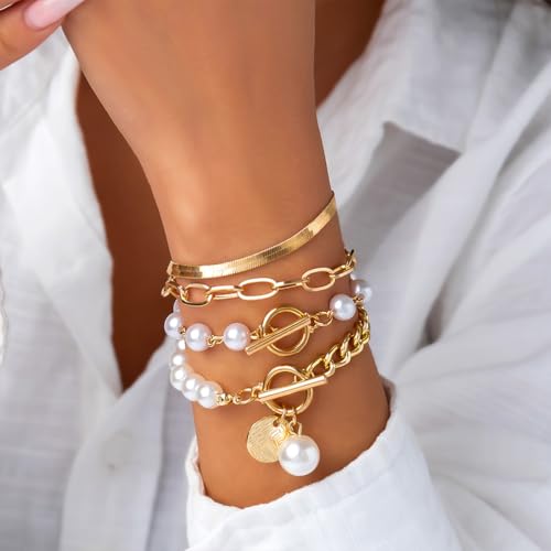 14K Gold OT Buckle Coin Pearl Paperclip Stacked Bracelet Set for Women, Statement Snake Pearl Paper Clip Bracelets Stack Dainty Prom Party Jewelry Gift4
