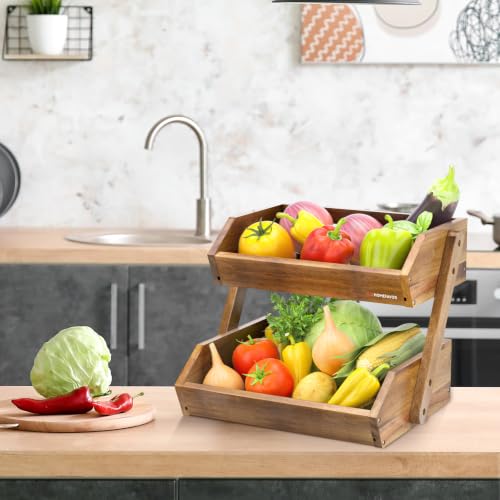 Image of G.A. HOMEFAVOR Acacia Wood Fruit Basket, 2 Tier Fruit Bowl for Kitchen, Stand Storage Holder
