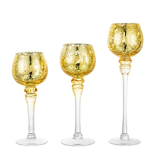 Long Stem Glass Candle Holder – Set of 3 Tall Tea Lights Candle Holders, Gold Crackle Glass Table Candle Holder Set, Inweder Mercury Glass Candle Holder Pillar for Centerpieces, Party, Home Decor