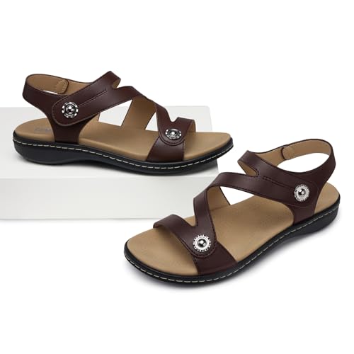 Image of TEMOFON Womens Sandals Dressy Summer: Open Toe Comfortable Walking Flat - Arch Support Flat Sandals Size 5-11