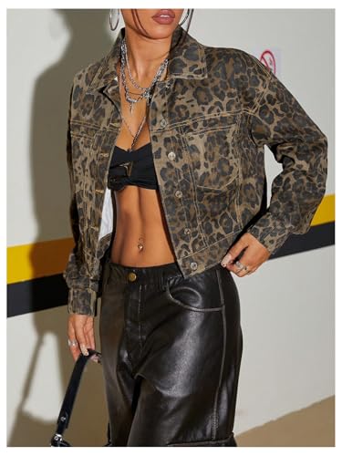 WDIRARA Women's Leopard Denim Jacket Button Down Long Sleeve Jean Outerwear Crop Jacket2