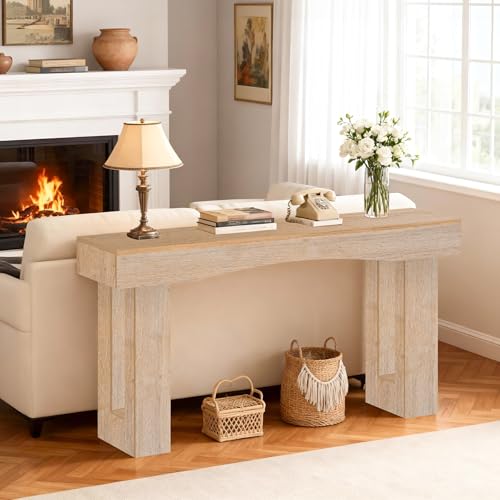 Image of Sonharlar 63 Inch Long Entryway Table Hollow, Wooden Console Table with Socket Farmhouse Sofa Table for Entrance, Hallway, Living Room,Behind Couch(Oak Brown)