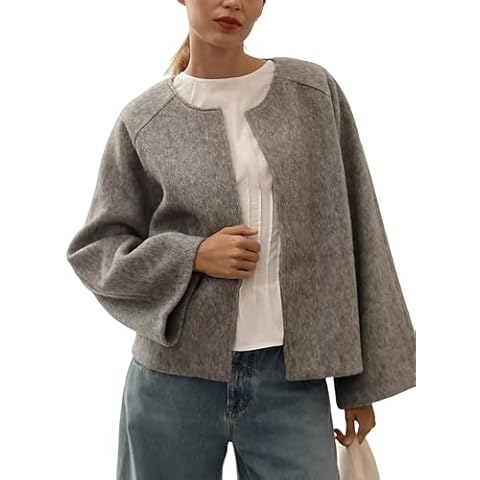 Qiaomai Womens Cropped Pea Coat Long Sleeve Open Front Winter Wool Blend Jackets Overcoat (Grey-S) Cover