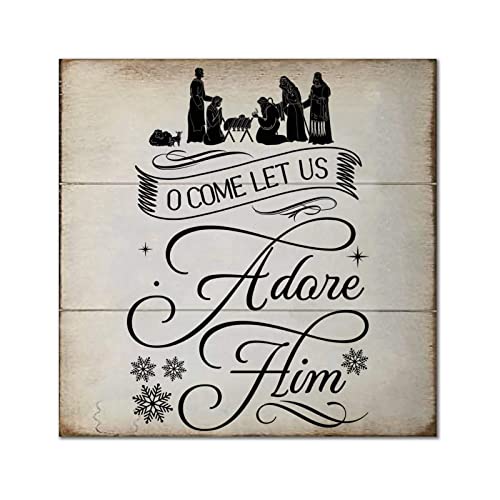 Panneau bois O Come Let Us Adore Him suspension artisanale rustique