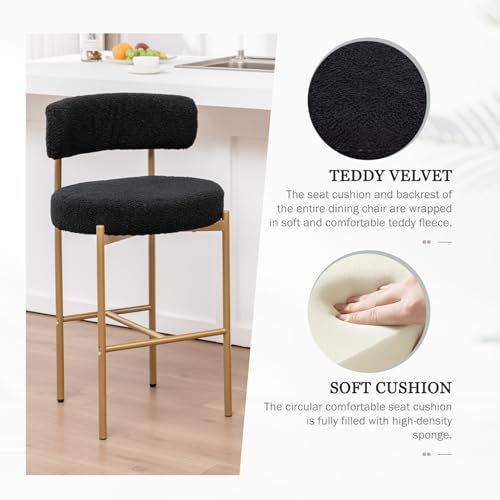 Image of Cinxzar Boucle Bar Stools Set of 4, Black Counter Height Bar Stools with Backs, Gold Modern Barstools for Kitchen Island, Pub, Club