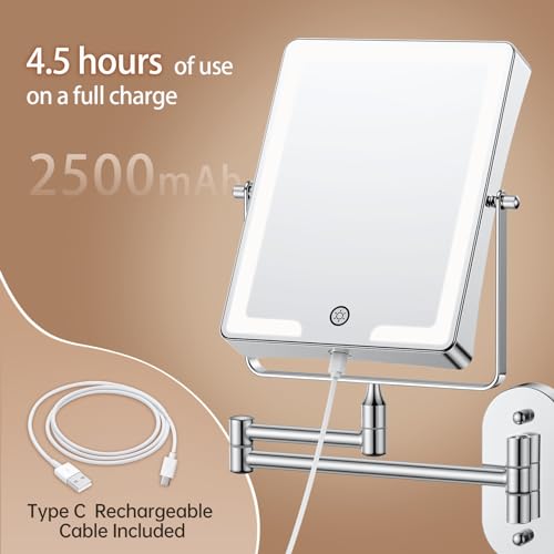 8.7 Inch Large Size Rechargeable Wall Mounted Makeup Mirror, Bathroom Lighted Mirror Rectangle Double Sided 1X 30X Magnifying - Image 2