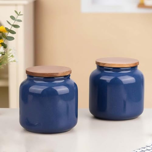 Image of The Earth Store Galaxy Blue Handcrafted Ceramic Jar Set of 2, 550 ML | Wooden Air Tight Lid Jars for Pickles /Achar, Chutney, Sauces, Salt, Candy and Spices | Ceramic Jar for Kitchen, Gifting