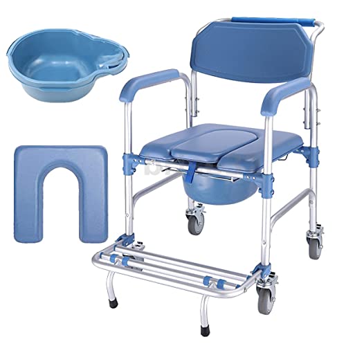 ybaymy 4 in 1 Wheeled Shower Chair Commode Toilet Chair for Elderly Bedside Commode Chair with Locking Wheels and Padded Seat for Disabled Elderly 150 kg Weight Capacity