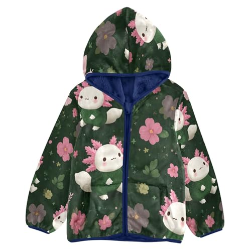 Cute Axolotl Floral Pattern Toddler Fleece Jacket Girl Boys Hooded Fleece Jacket Coat Warm Outwear Zip-up 3-10T