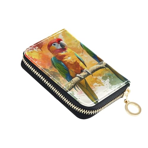 Small RFID Credit Card Holder Wallet with Zipper, Leather Wallet Case for Women Parrots