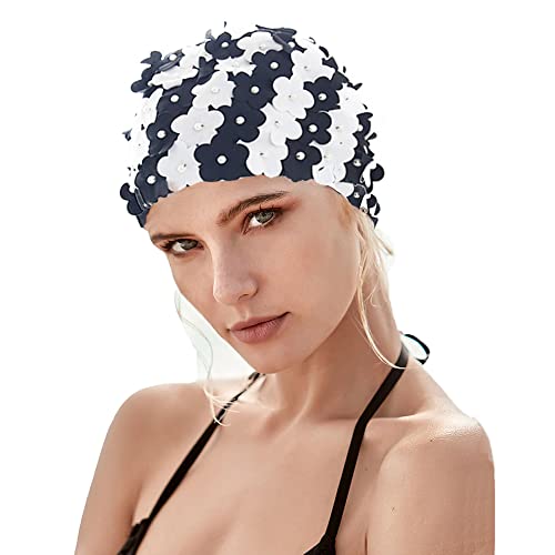Women Retro Swim Cap, Floral Petal Bathing Cap Long Short Hair Elastic Swimming Turban With Flowers & Pearls(Black&White) #TOP4