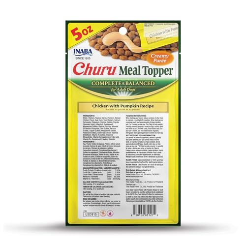 INABA Churu Meal Topper for Dogs, Complete & Balanced, Creamy, Lickable Purée Dog Food Toppers, 1.69 Ounce Tube, 18 Tubes (3 per Pack), Chicken with Pumpkin Recipe - Image 3