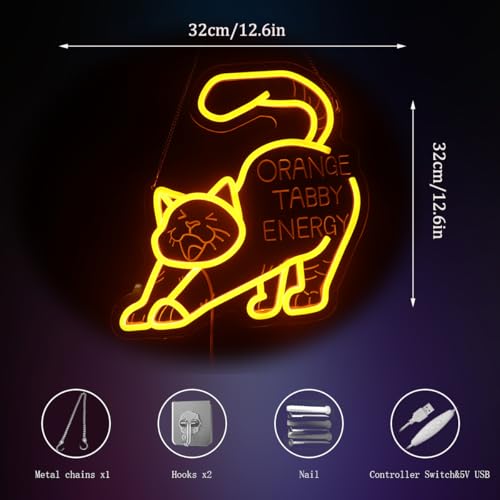 Image of inchOrange Tabby Energy inch Cat Neon Light - Playful & Vibrant LED Wall Art for Cat Lover's Home Office, Living Room, Kitchen & Cozy Nook Decor, Dimmable USB with Hanging Kit, Whimsical Feline-Themed Gift