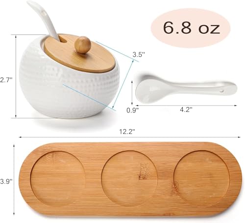 Image of 3 Pcs Porcelain Condiment Jar Spice Container with Bamboo Lids and Spoon Seasoning Pots for Kitchen, Coffee Bar, 30x10 cm