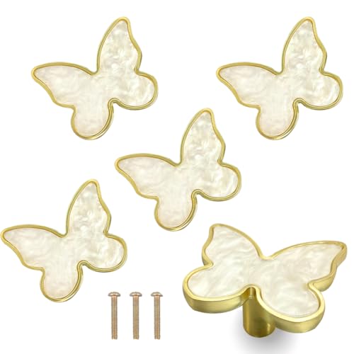 BAOTXHBR 6 pcs Butterfly Shape Knobs Handle Gold Cabinet Knobs Decoration Door Handle Single Hole Handles Cabinet Drawer Dresser Kitchen Wardrobe Furniture Hardware Pulls (White)