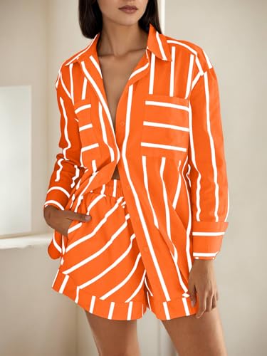 Image of Tankaneo Womens Striped 2 Piece Outfits Button Down Shirts and Shorts Lounge Matching Sets