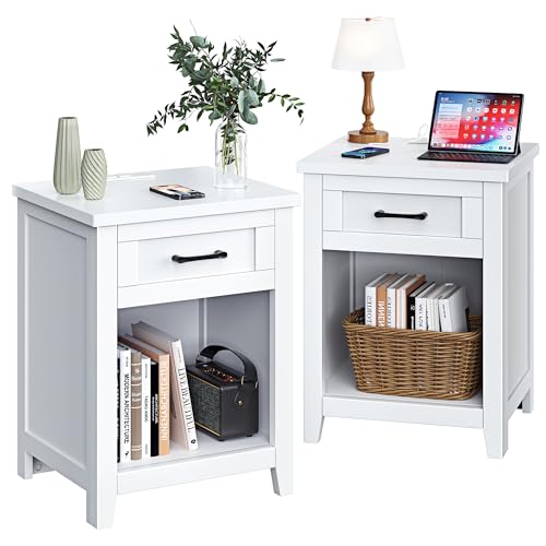 Decofy Farmhouse Nightstand with Charging Station & Large Storage, Set of 2 Modern End Tables with Outlets, USB Ports and Type-C Ports, Easy Assembly for Bedroom (Pure White)