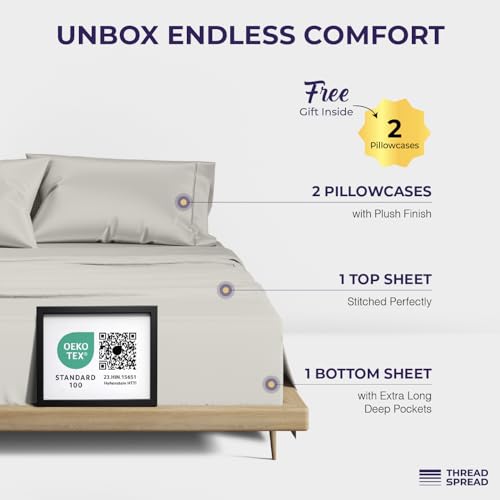 Image of THREAD SPREAD Egyptian Cotton Sheets Queen Size - Luxury 2000 Series High Thread Count Cotton Cooling Sheets Queen Size (4 PC, Light Grey), Soft, Sateen Weave, 17 inch Extra Deep Pocket Hotel Bedding Set