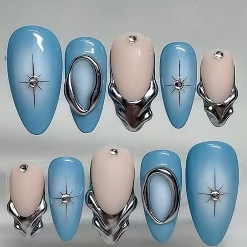 Yabonica Handpainted Press On Nails Short Almond - Medium Fake Nails Press Ons with 3D Y2k Charm Design - Glossy Finish Reusable Nails with Glue Tabs - 24Pcs Nail Kit for Women Manicure