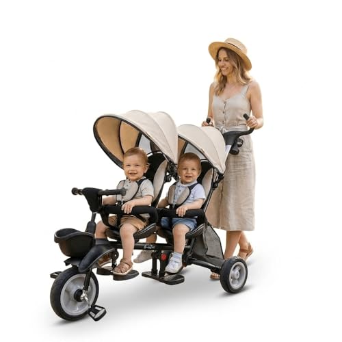 QPlay Tricycle évolutif pour bébé, jumeaux et promenades en famille | Pour deux, 10 Mois à 36...
