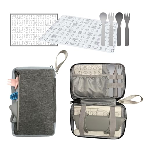 THEO’S Baby Led Weaning Supplies 12 Piece Clutch – Mealtime Essentials With 4 Disposable Splat Mats For Under High Chair, 3 Eco-Friendly Stick On Placemats, 2 Sets Ergonomic Plant Based Spoons & Forks