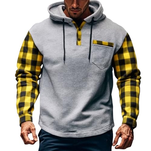 Mens Henley Hoodie Pullover Vintage Button Up Plaid Sleeve Drawstring Hooded Sweatshirts with Pocket Patchwork Hoody2