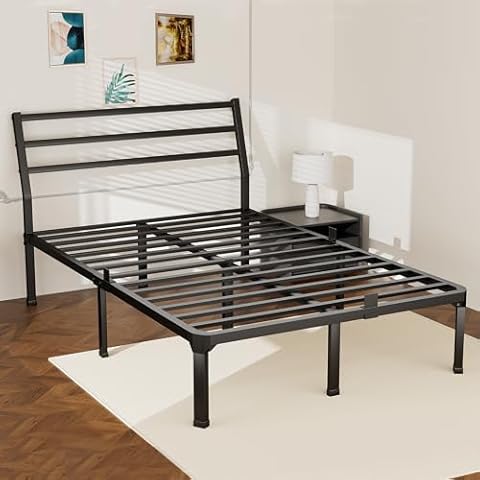 ROIL Queen Size Metal Bed Frame with Headboard, 14inch Black Heavy Duty Platform with Steel Slats Support and Mattress Stoppers, 3500LBS No Box Spring Needed, Easy Assembly Noise-Free Cover