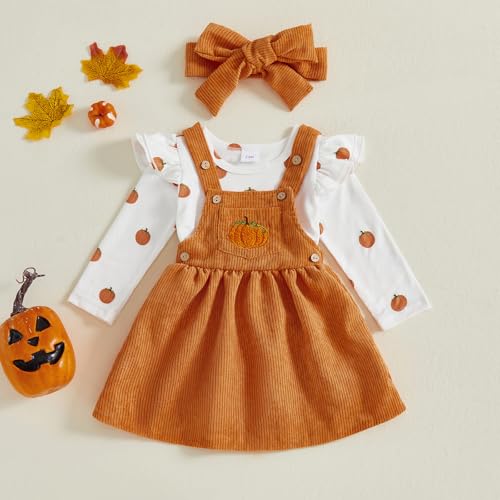 Baby Girl Halloween Outfit Newborn Pumpkin Long Sleeve Romper Overall Dress Skirt Set Cute Infant Fall Clothes3