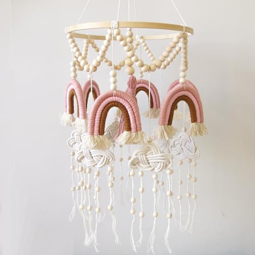 Image of Boho Crib Mobile Rainbow Baby Mobile Boho Mobile for Crib Rainbow and Cloud Mobile with Wood Bead and Tassels Girl Nursery DéCor