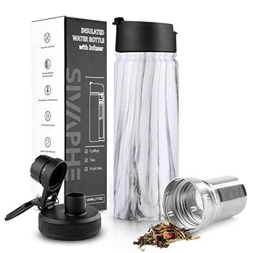 Tea Infuser Bottle With Removable Loose Leaf 18/8 Stainless Steel Insulated Travel Tea Strainer Tumbler tea drinkers gifts for women(White Marble)