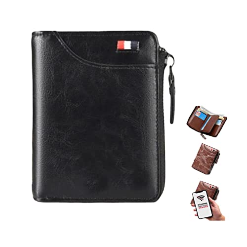 Men's RFID Blocking Waterproof Wallet Genuine Leather Large Capacity Zipper Holds 1-14 Cards Slim Brown (BLACK)