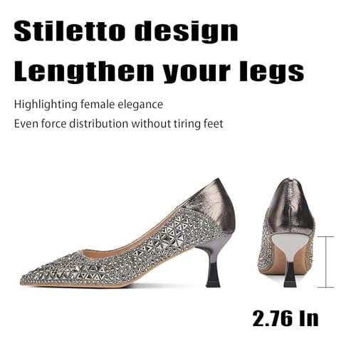 Women Sparkling Rhinestone Pointy Toe Mid Heel Pumps Fashion Closed Toe Slip On Comfort Kitten Heel Dress Shoes for Wedding Party Dating Office Work3