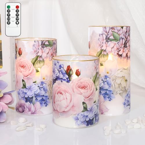 Image of Hydrangea Rose Flameless Candles with Remote Control & Timer Function - Real Wax Glass Battery Operated Candles - Home Farmhouse Holiday Christmas Valentine's Day Decorations - Set of 3