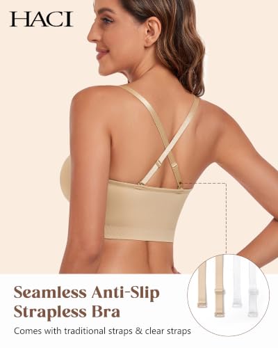 Image of HACI Strapless Bra No Underwire Padded Seamless Wireless Multi-Way Everyday Bandeau Tube Top for Women