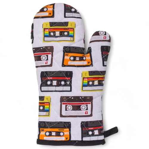 MIJOMA Gant ou manique, design rétro pour une cuisine élégante, coton de qualité supérieure avec impression numérique (cassettes, gant, 17 x 32 cm)