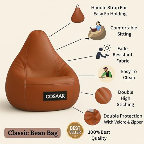 Image of Bean Bag Cover, Faux Leather, 66 x 86 x 112 cm, Indoor Gaming and Reading Chair (TAN, XXL, Solid)