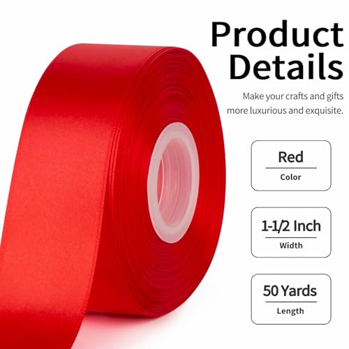 Image of Mauproy 1-1 /2 Inch Wide Red Satin Ribbon, 50 Yards Solid Polyester Fabric Ribbon for Roses Making, Mother's Day, Gift Wrapping, Flower Bouquets, Wedding Decorations, Handmade Crafts
