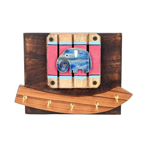 Image of AAKRITI ART CREATIONS Key Holder, Elephant Ellie Key Hanger | Rustic Wood Wall Organizer with 5 Hooks | New Home Gifts | Multifunctional Entryway Decor Item