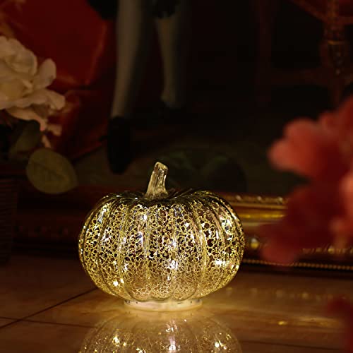 Image of Romingo Mercury Glass Pumpkin Light with Timer for Halloween Pumpkin Decorations Fall and Thanksgiving Decor,Silver, 5.5 inches