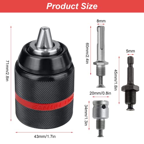 Portabrocas de Taladro Rápida 1,5-13mm, Rosca 1/2'' 20UNF Accesorios Taladro, Portabrocas con 1/4'' Hex, 1/2'' Llave de Impacto Base y Sds Plus, Adaptador Herramienta de Conversión (1)