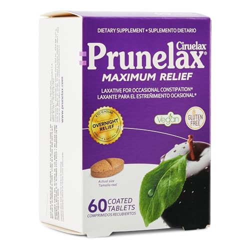 Prunelax Ciruelax Maximum Relief Laxative Tablets with Natural Senna for Occasional Constipation Senna Extract Vegan & Gluten-Free Gentle Overnight Relief - 60ct