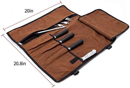 HANSHI Chefs Knife Roll, 5 Pockets Knife Bag,Waxed Canvas Roll Up Culinary Bag,Professional Cutlery Storage Case, Portable Knife Tool Roll Bag, Multi-Purpose Knife Cover For Cooking, Camping